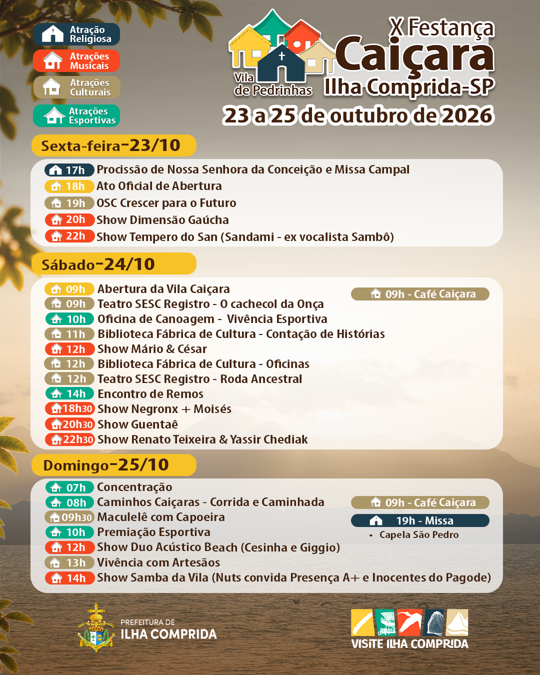 Cartaz da X Festança Caiçara, de 23 a 25 de outubro de 2026, na Vila de Pedrinhas, em Ilha Comprida