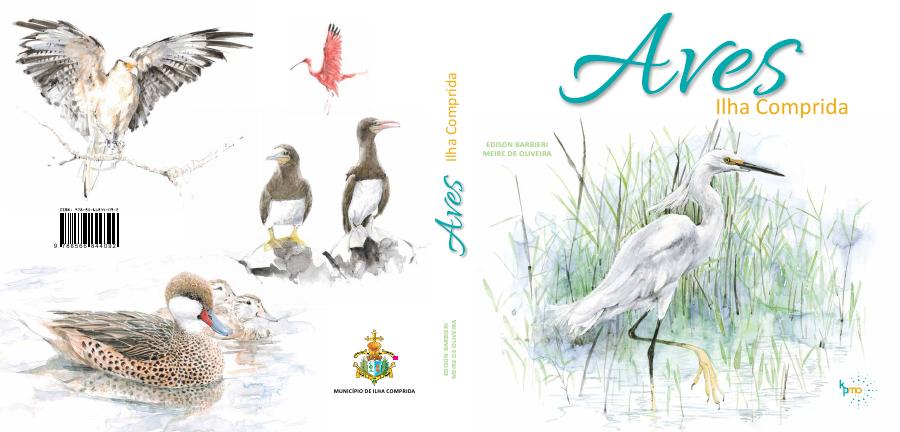 Capa e contracapa ilustradas do livro Aves — Ilha Comprida, com aquarelas de aves